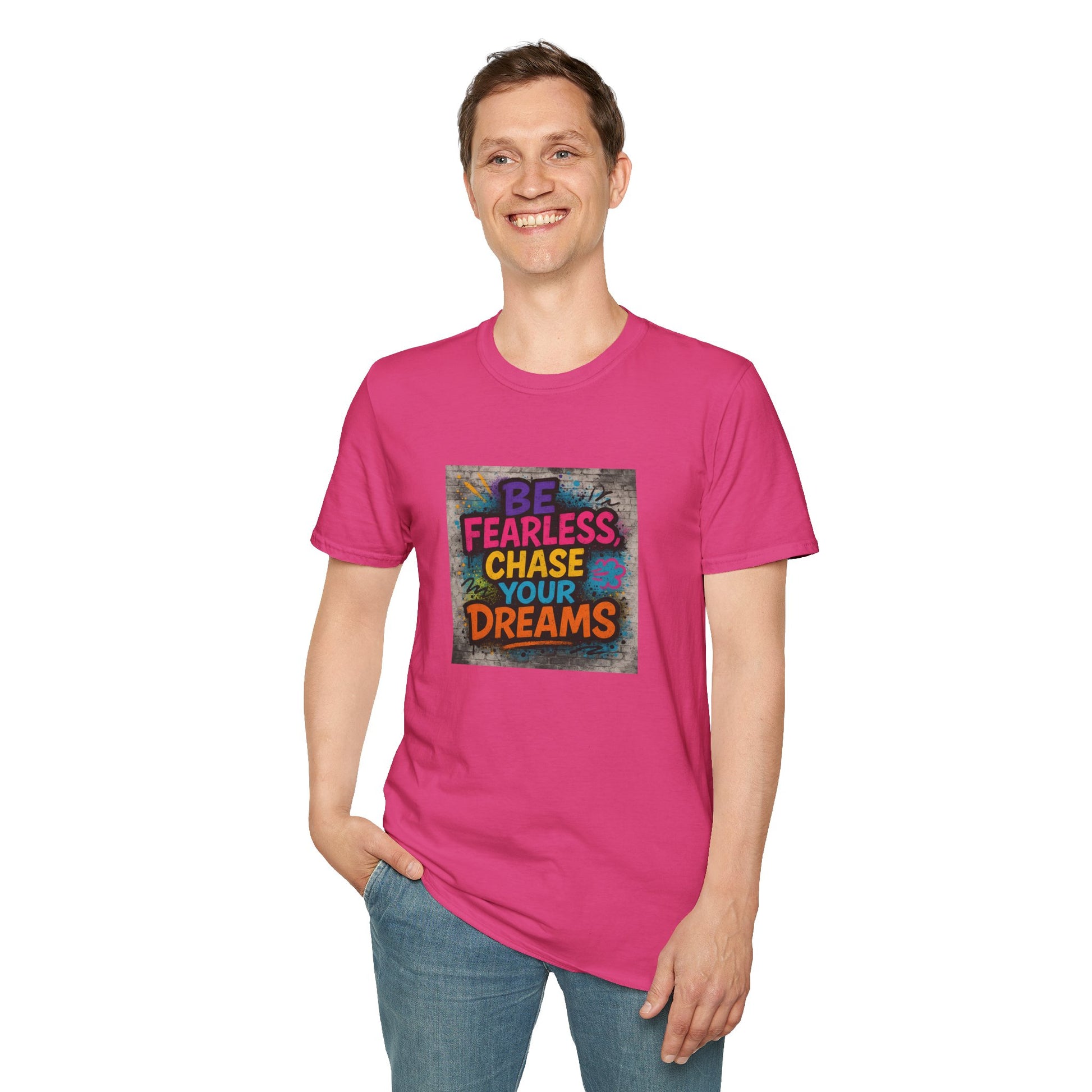 Person wearing a pink t-shirt with motivational text on a white background