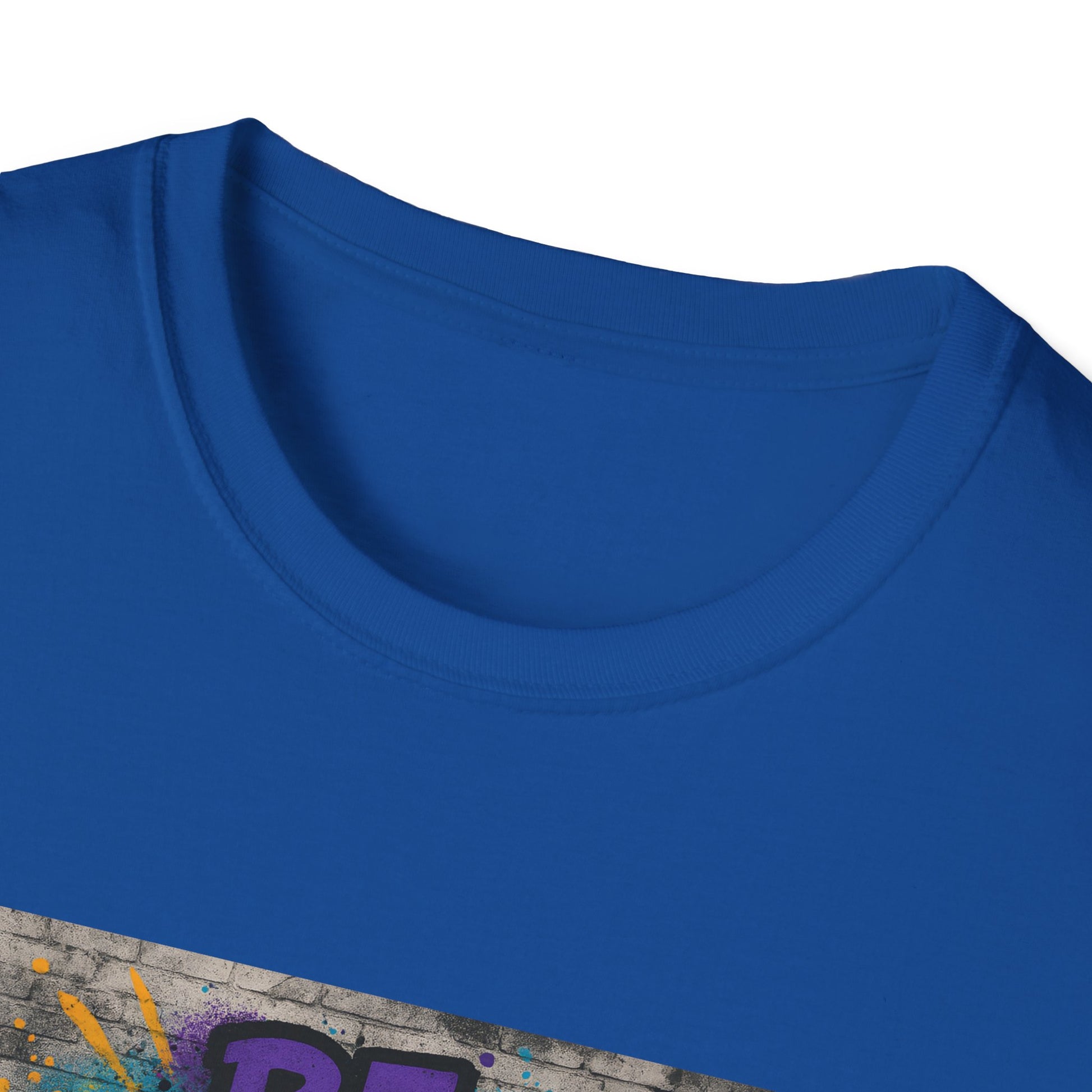Close-up of a blue t-shirt with a colorful design on a white background