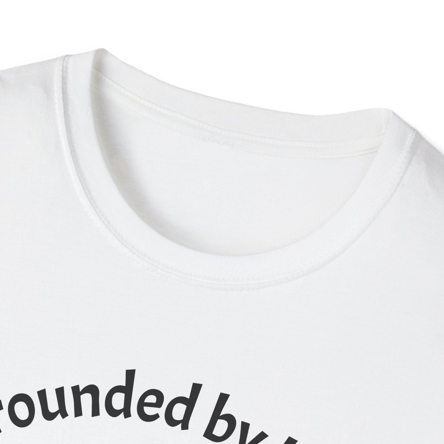 White t-shirt with 'Rounded by' text on a white background