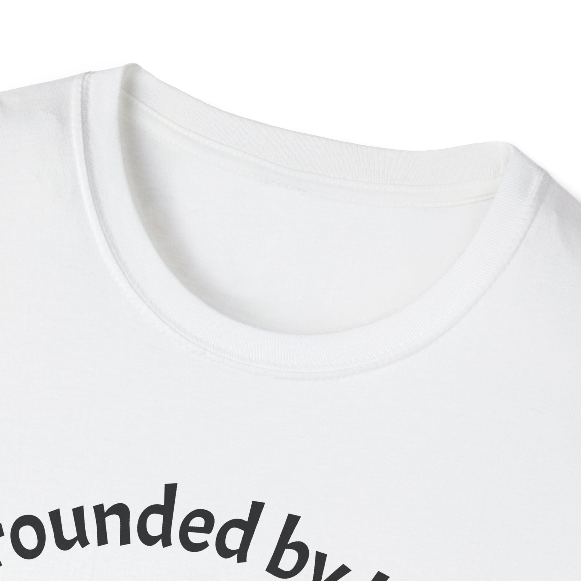 White t-shirt with 'Rounded by' text on a white background