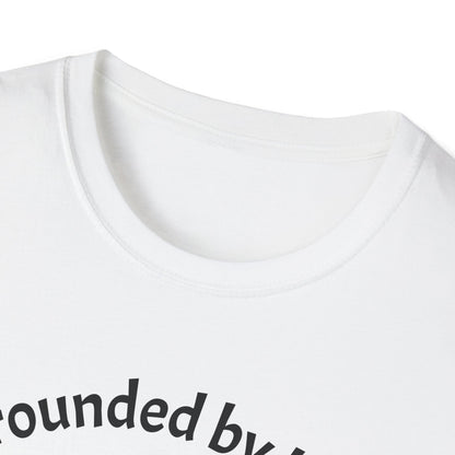 White t-shirt with 'Rounded by' text on a white background