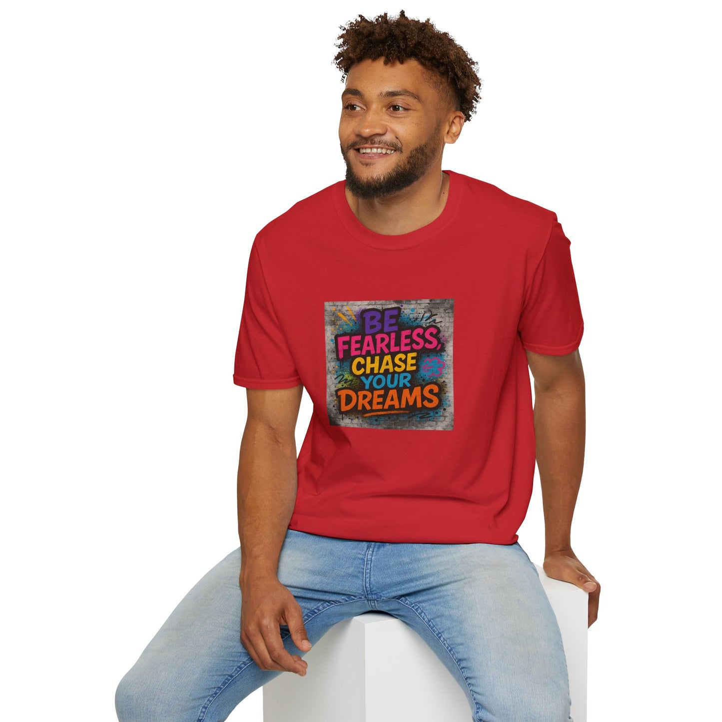 Man wearing a red t-shirt with motivational quote on a white background