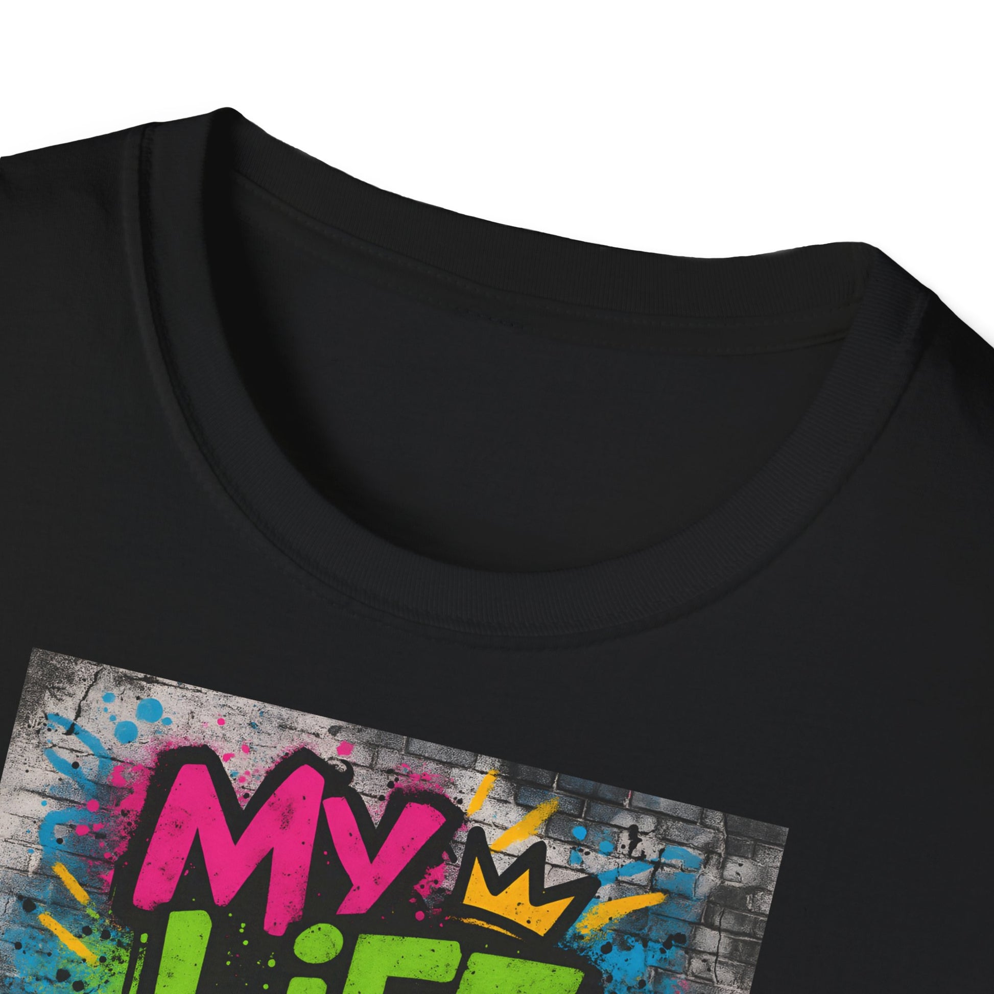 Black t-shirt with colorful graphic design on a white background