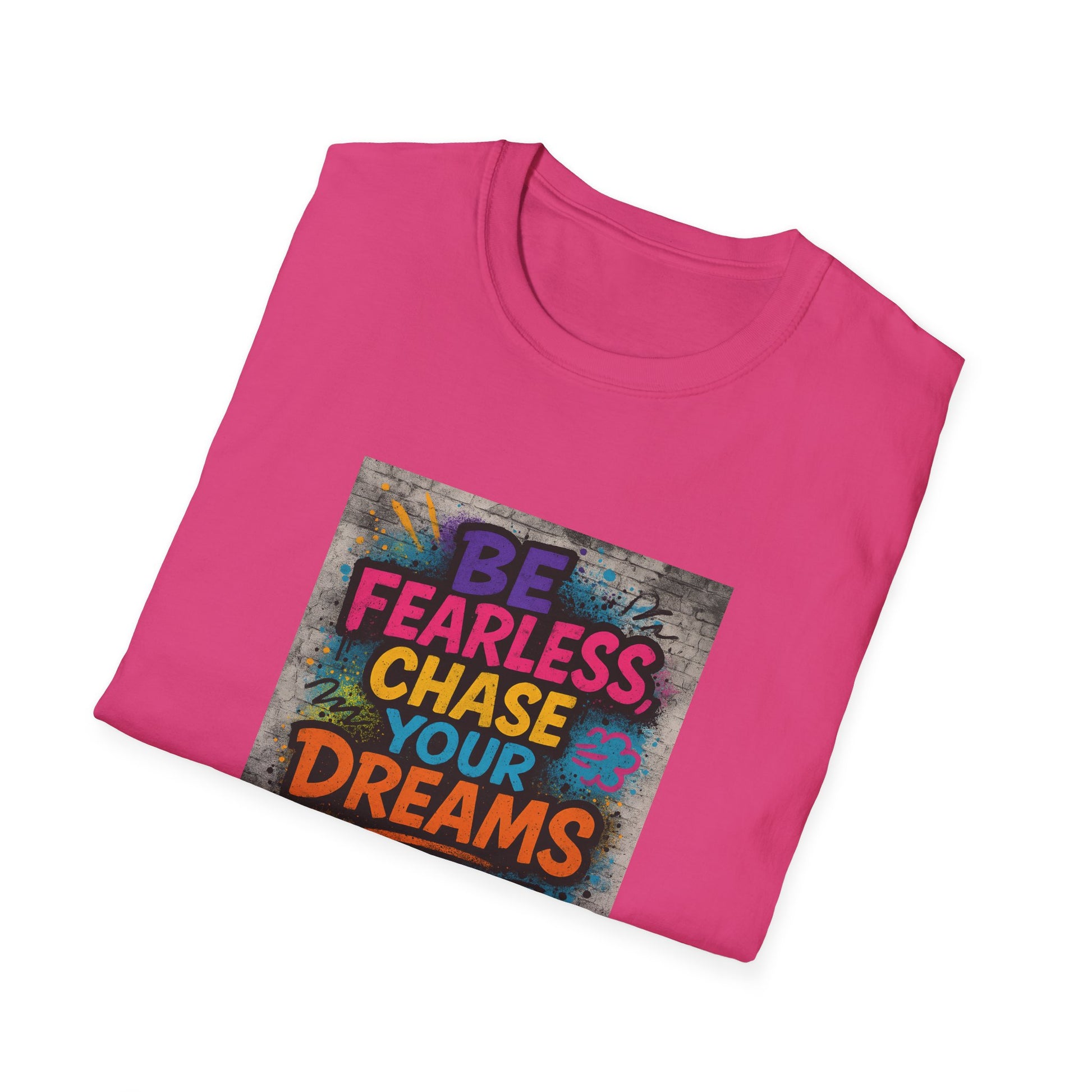 Folded pink t-shirt with motivational quote on a white background