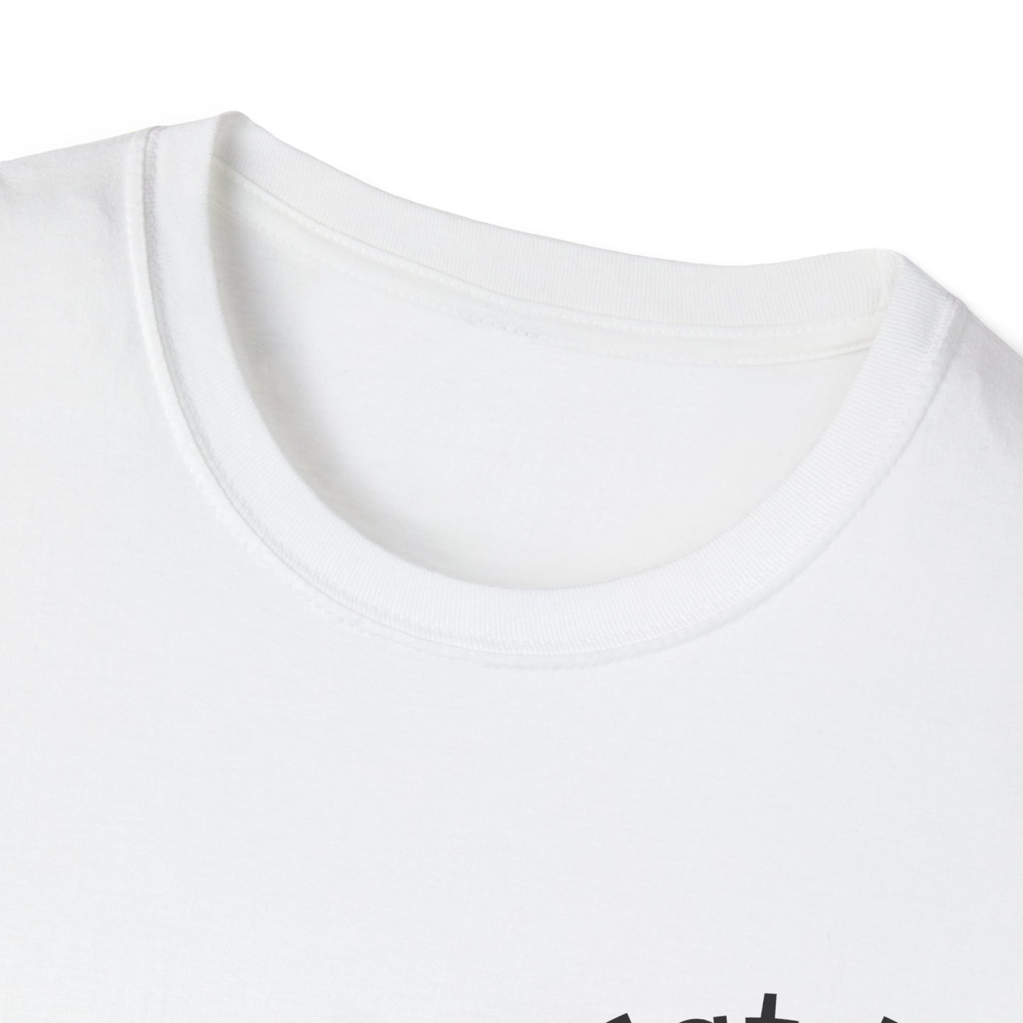 Close-up of a white t-shirt with black text on a white background