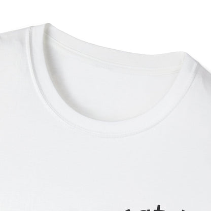 Close-up of a white t-shirt with black text on a white background