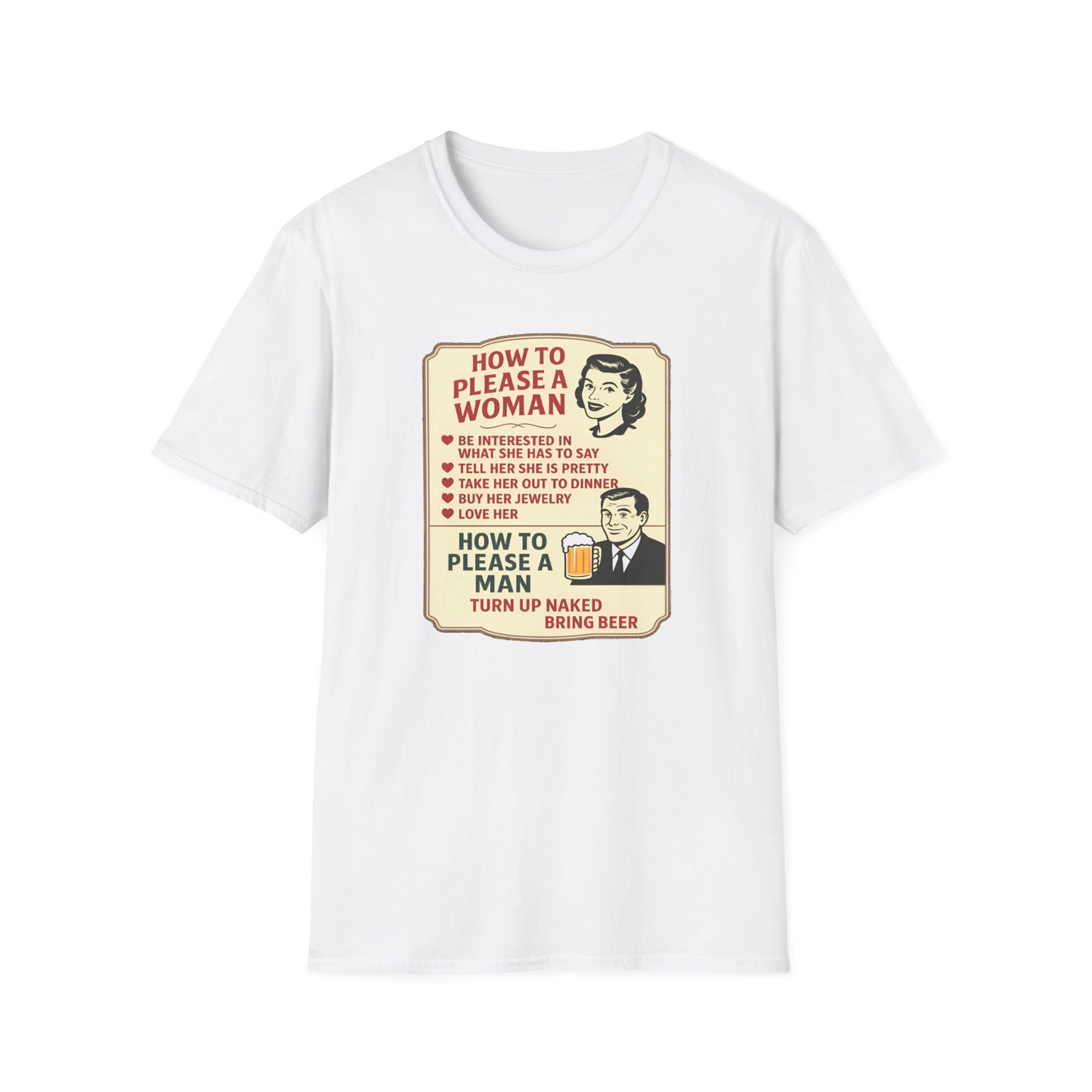 White t-shirt with vintage-style graphic how to please a woman and text on a white background