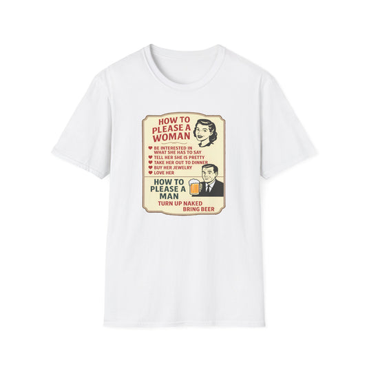 White t-shirt with vintage-style graphic how to please a woman and text on a white background