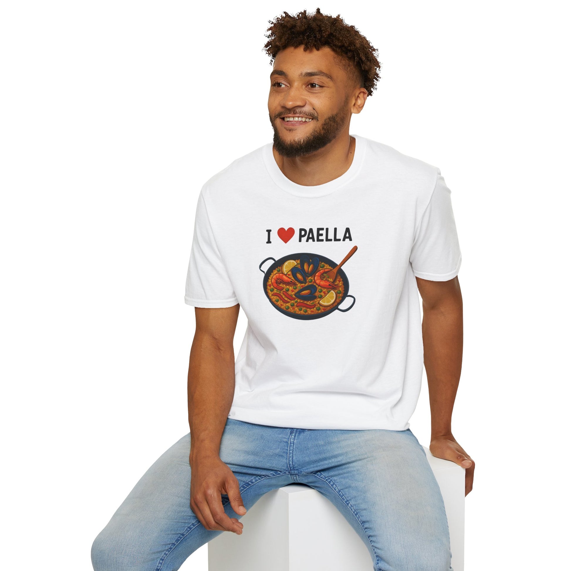 Man wearing a white t-shirt with 'I ❤️ Paella' design on a white background