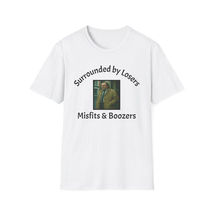 Jackson Lamb Slow Horses White t-shirt with a graphic and text Surrounded by losers misfits and boozers on a white background