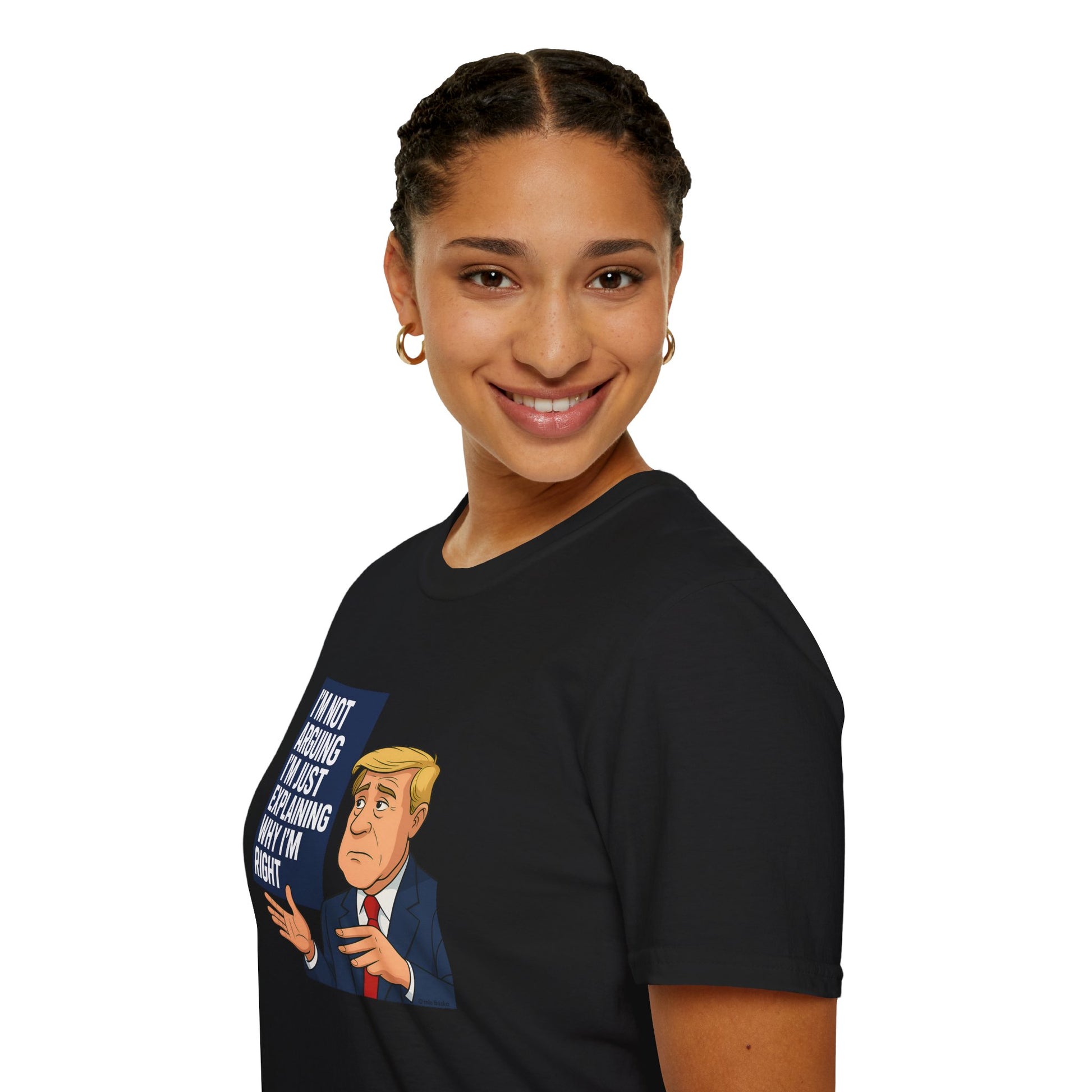 Person wearing a black t-shirt with a graphic and text, on a white background