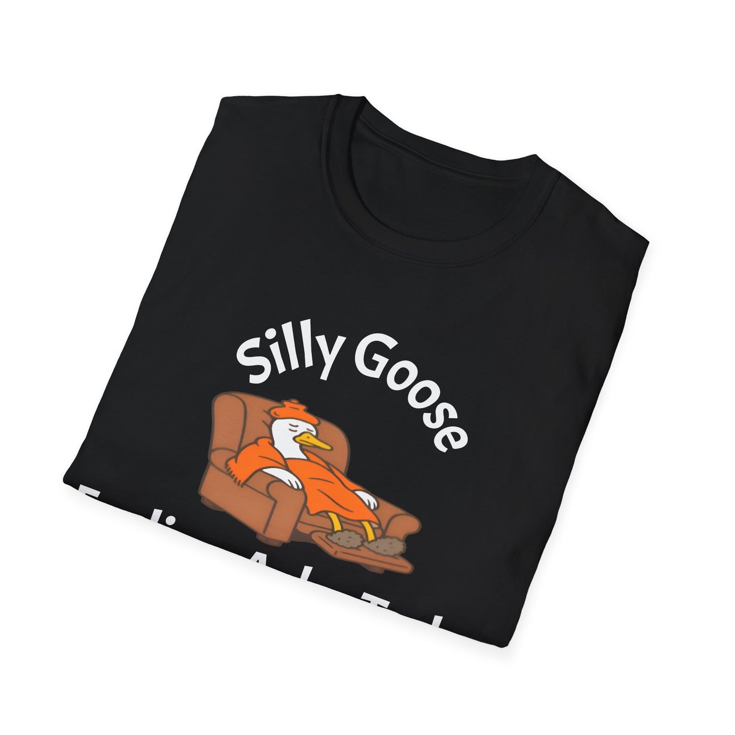 Black t-shirt with 'Silly Goose' graphic design on a black background