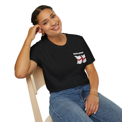 Woman wearing a black t-shirt with 'England' and a flag design, sitting on a chair.