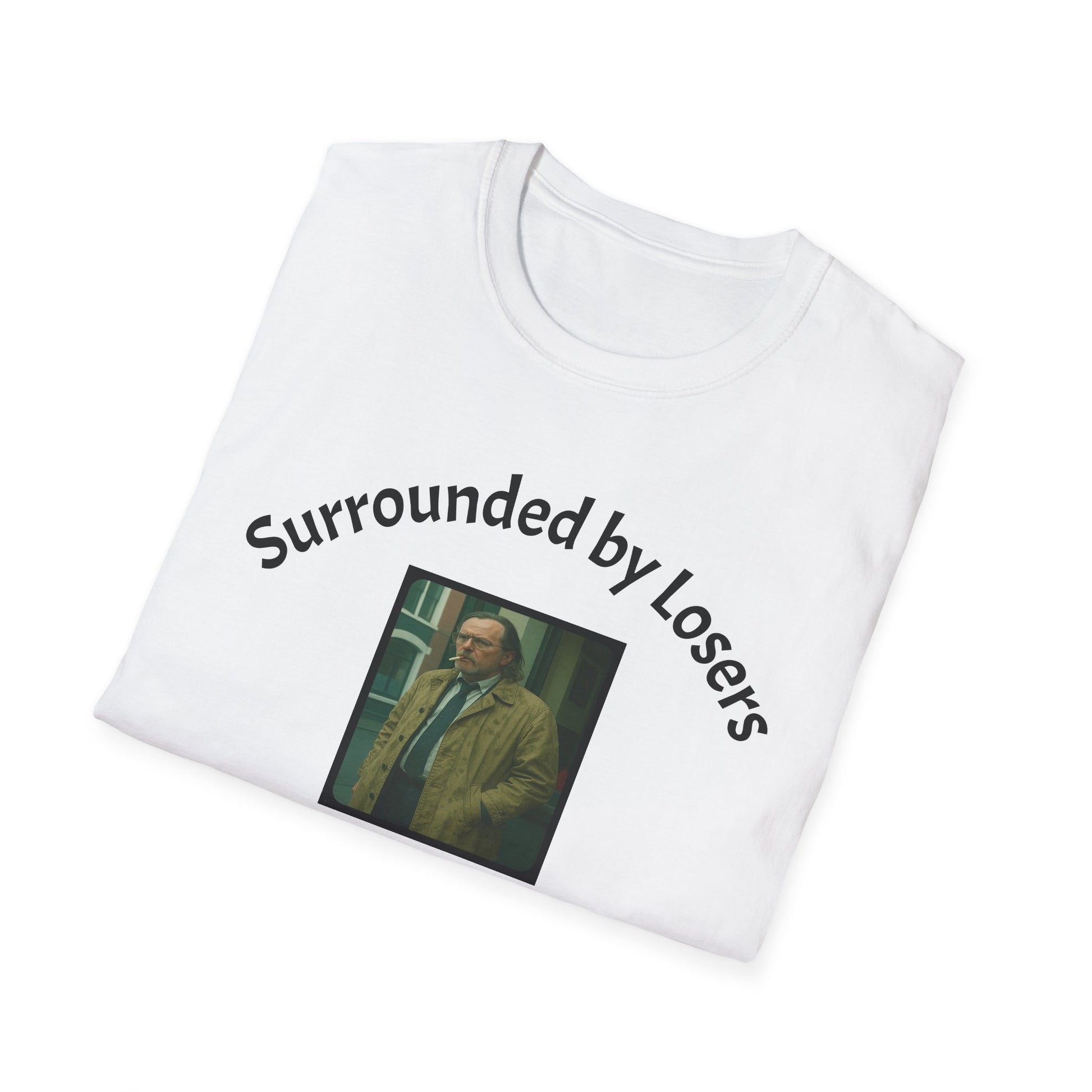  Jackson lamb White t-shirt with a printed design and text 'Surrounded by Losers' on a white background