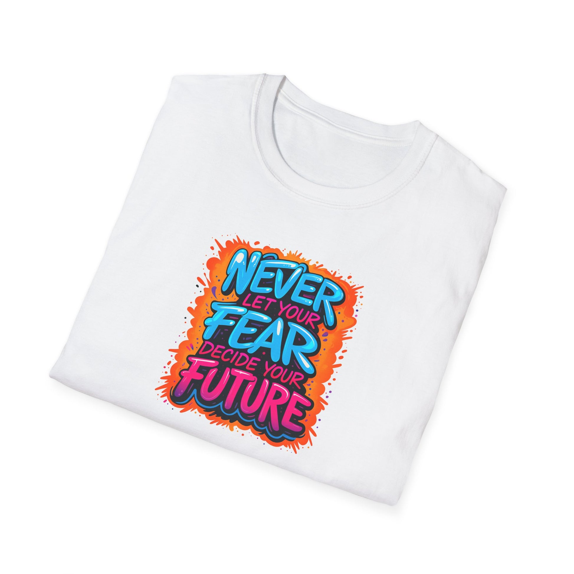 White t-shirt with colorful text design on a white background