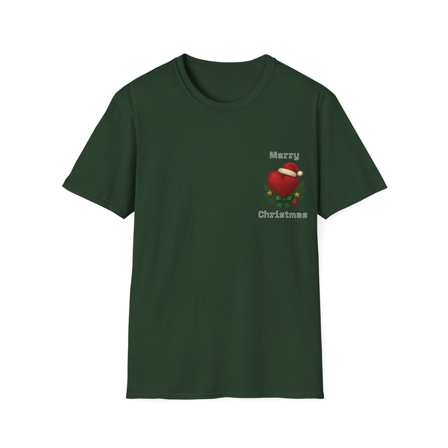 Green t-shirt with a Christmas-mglitter heart themed design on a white background