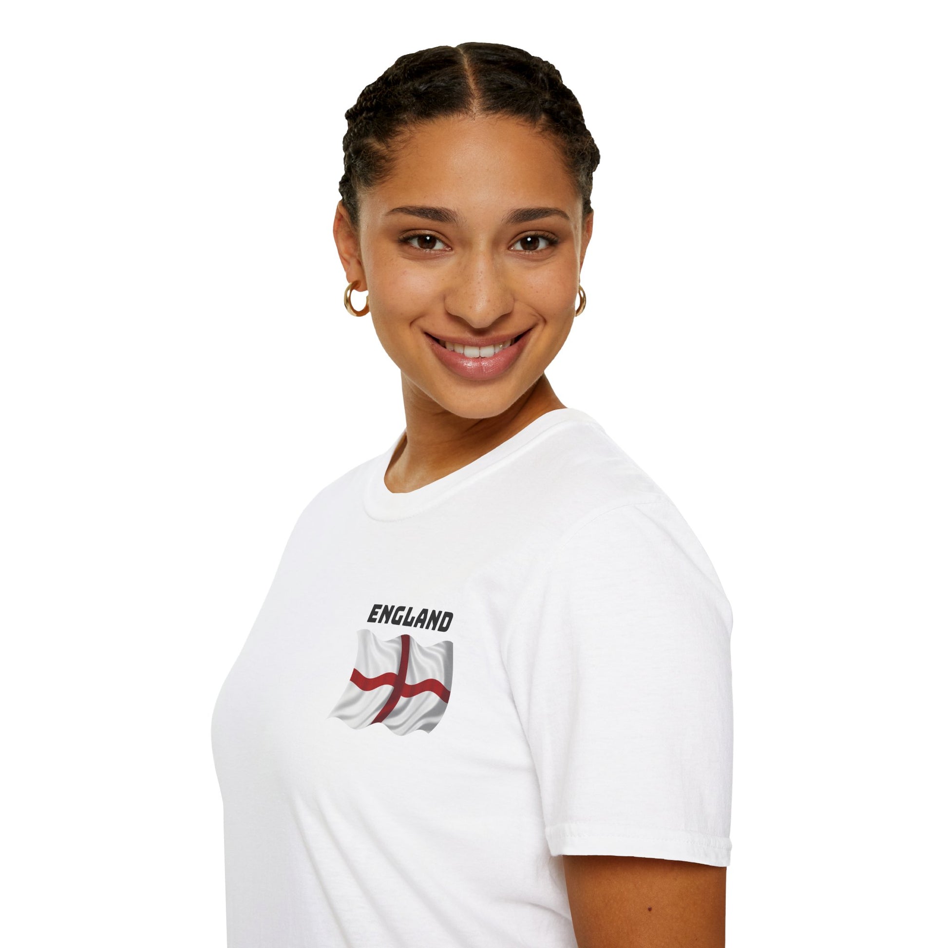 Person wearing a white t-shirt with an England flag design on a white background