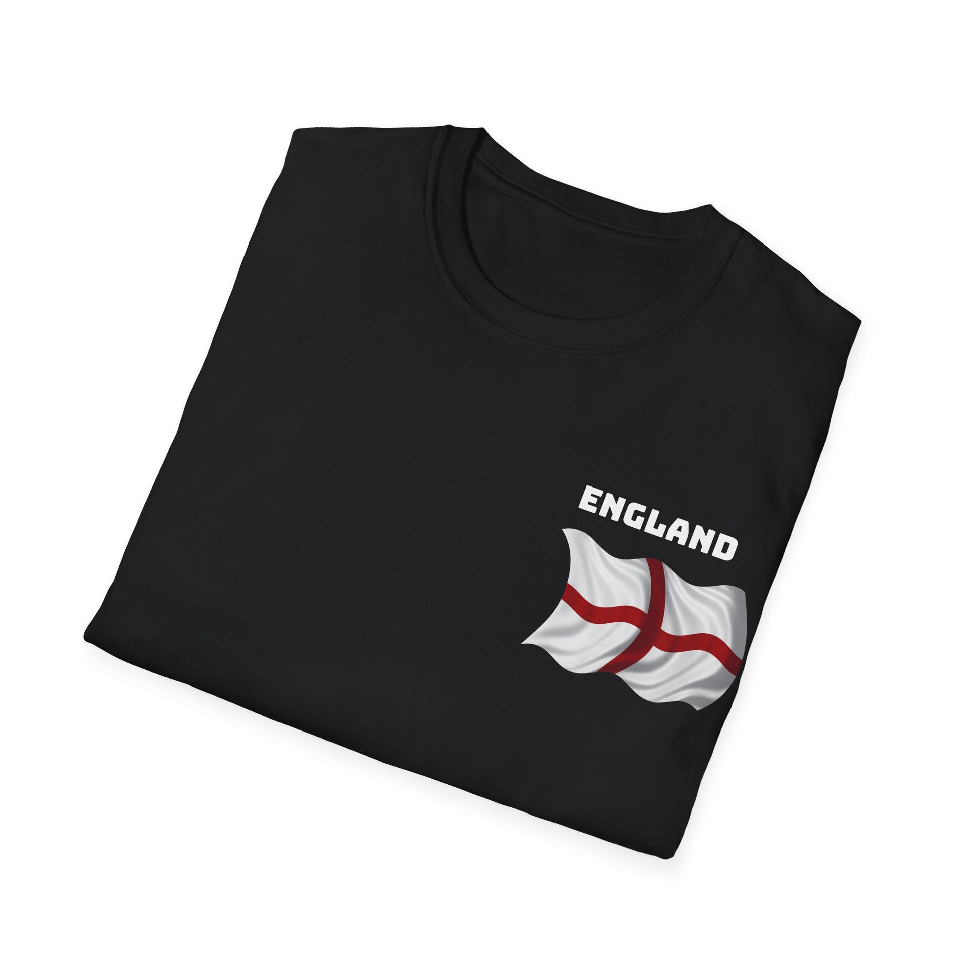 Black t-shirt with England flag design on a white background