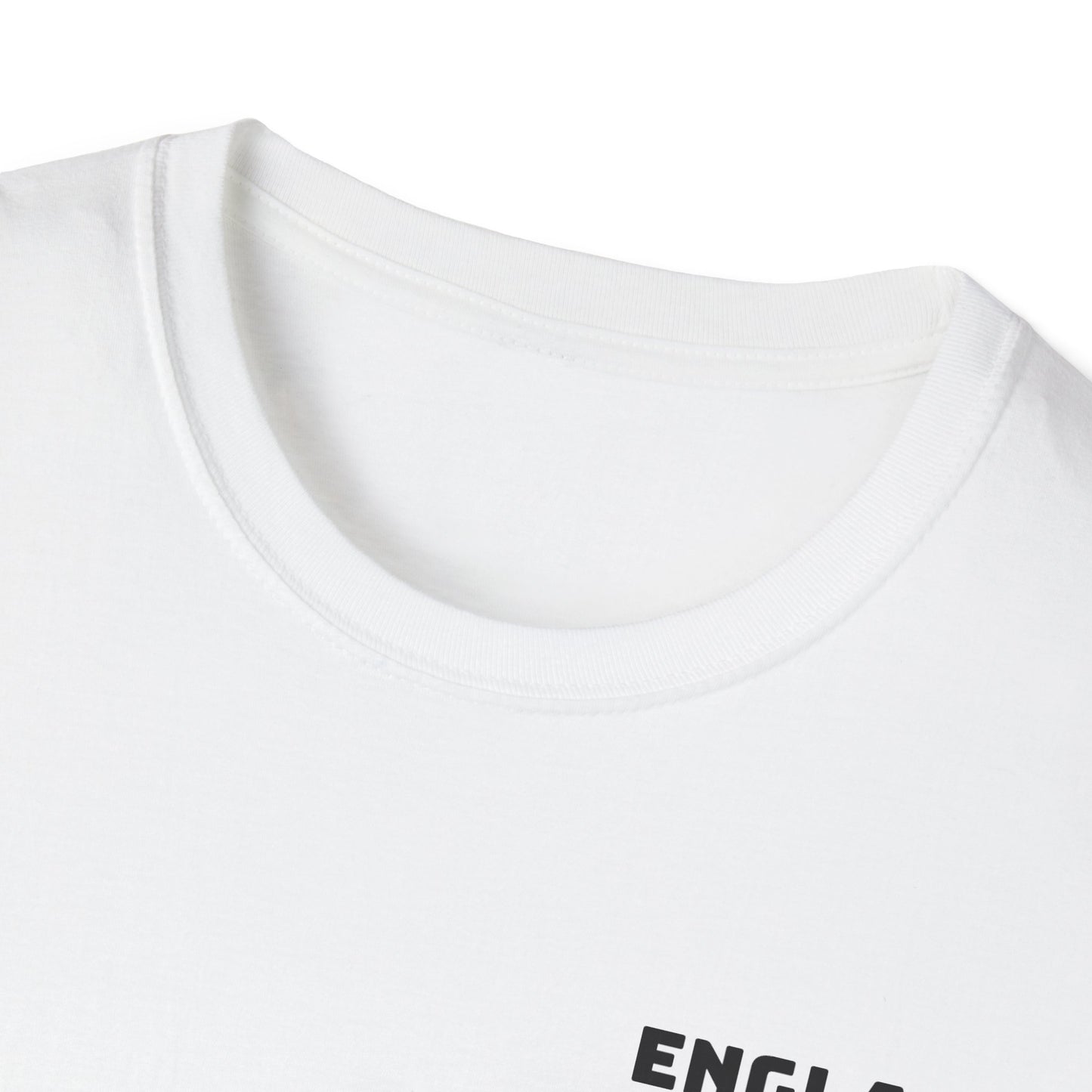 Close-up of a white t-shirt with 'ENGLAND' printed on it.