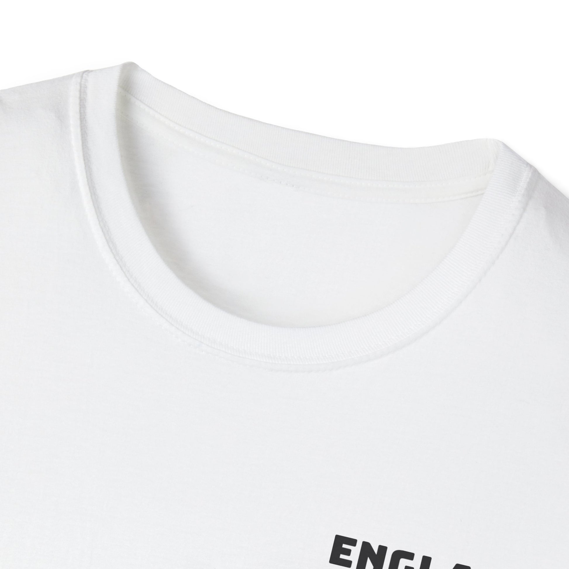 Close-up of a white t-shirt with 'ENGLAND' printed on it.