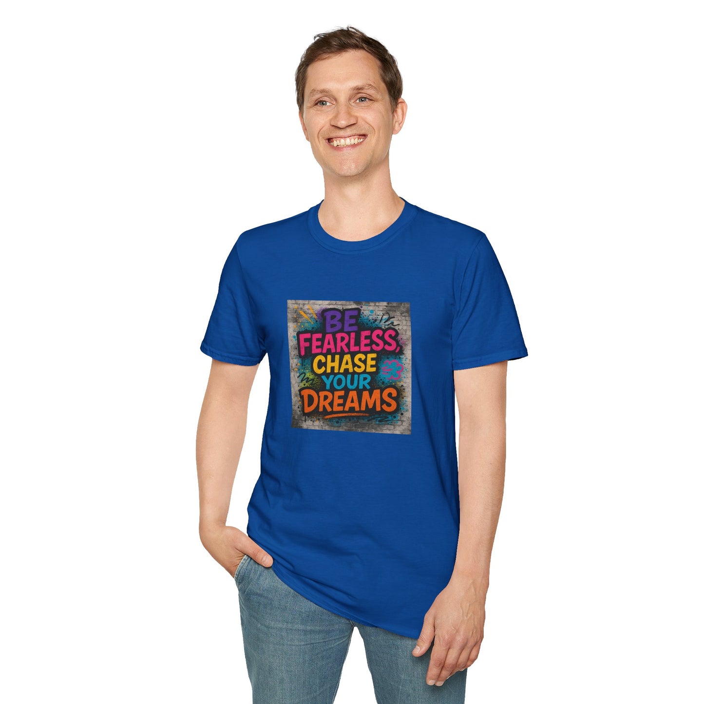 Person wearing a blue t-shirt with motivational quote on a white background