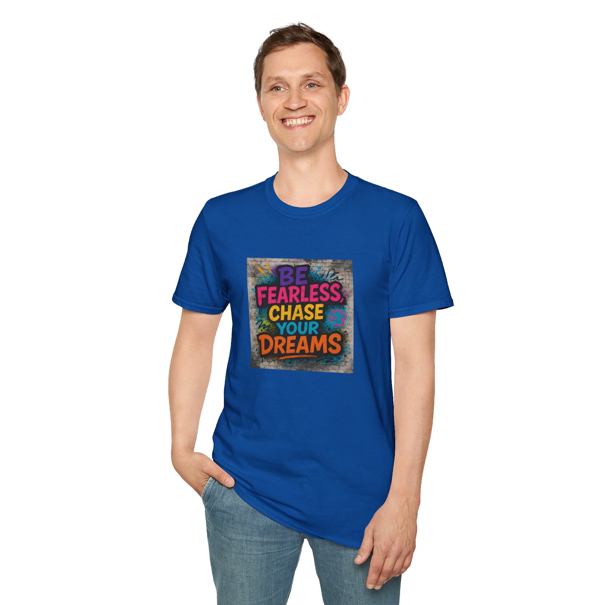 Person wearing a blue t-shirt with motivational quote on a white background