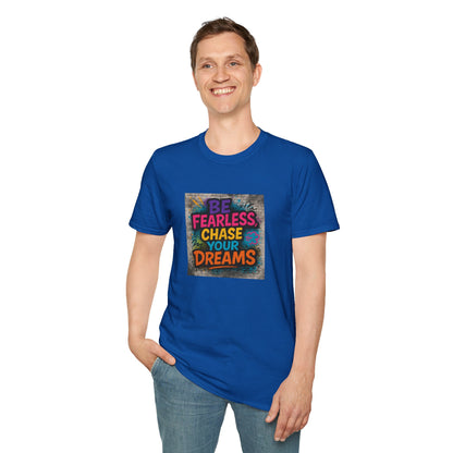 Person wearing a blue t-shirt with motivational quote on a white background
