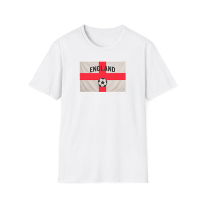 White t-shirt with England St George flag and soccer ball design on a white background