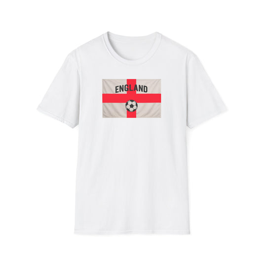 White t-shirt with England St George flag and soccer ball design on a white background