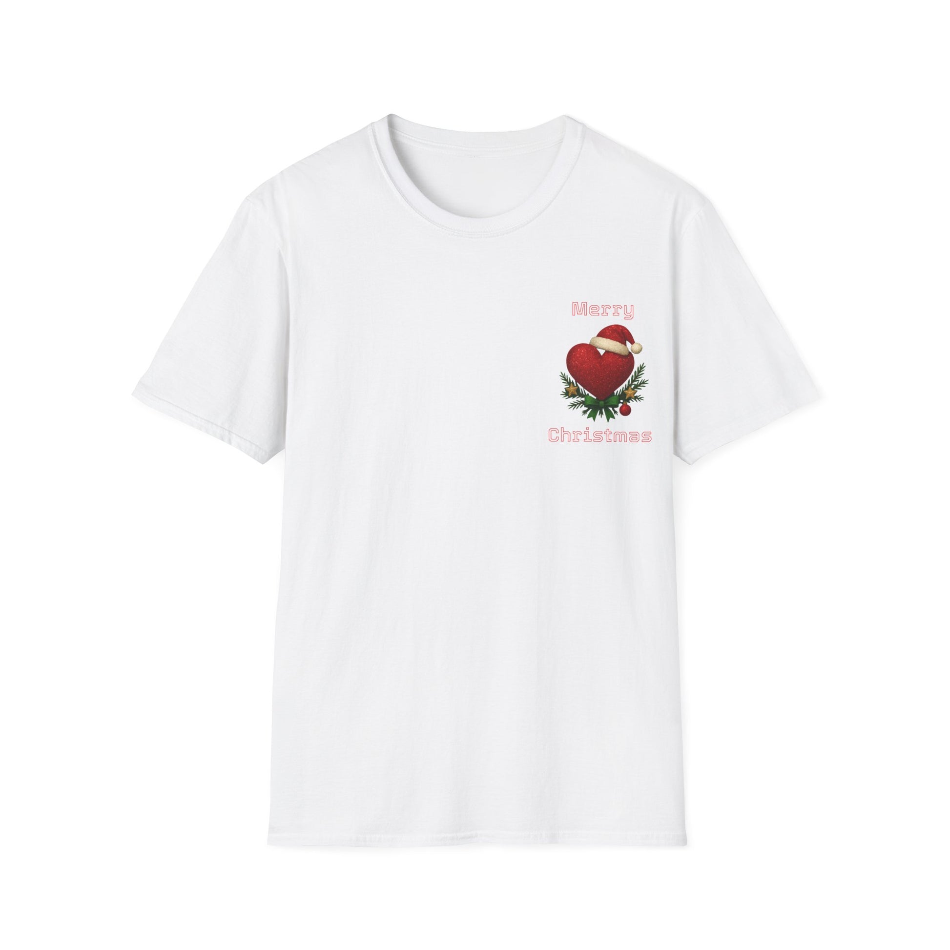 White t-shirt with a Christmas-heart themed design on a white background