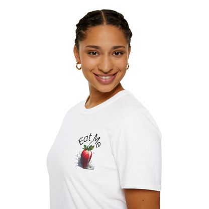 Person wearing a white t-shirt with a strawberry graphic and 'Eat Me' text on a white background