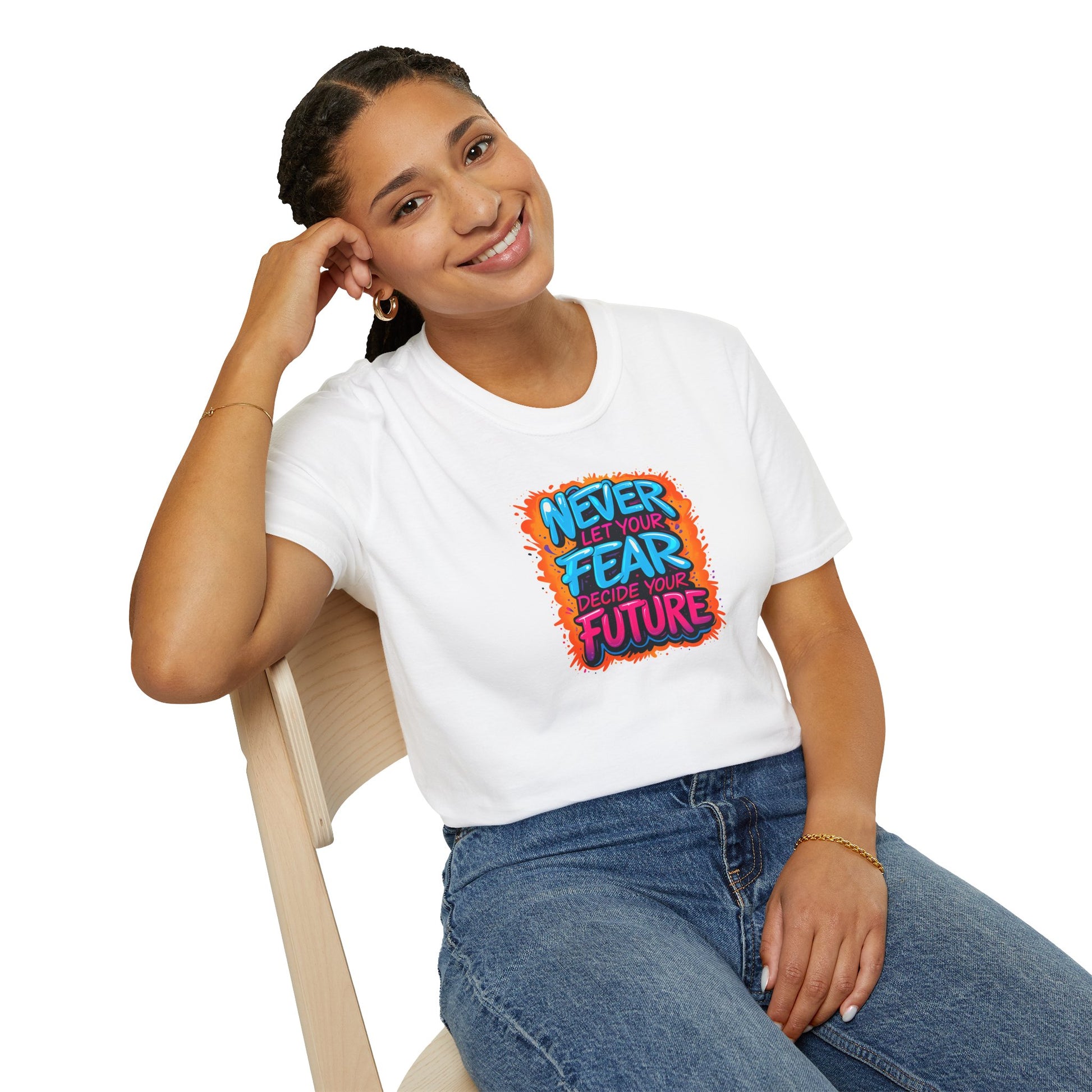 “Graffiti-style motivational quote T-shirt with the phrase ‘Never Let Your Fear Decide Your Future’ in bold blue, pink, and orange colors.”