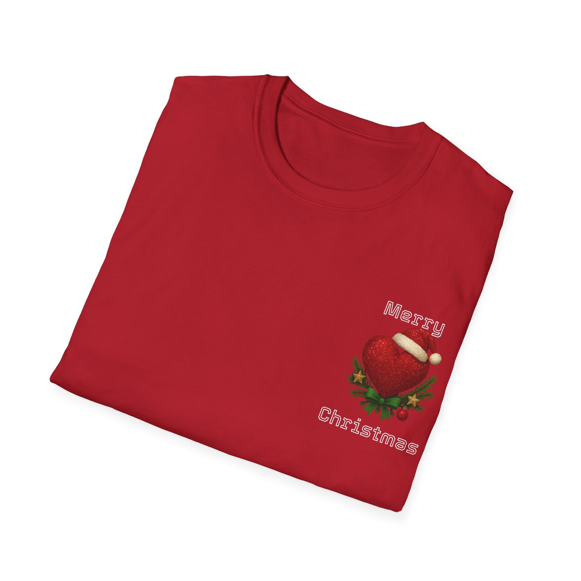 Folded red t-shirt with Christmas design and text on a white background