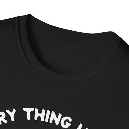 Black t-shirt with white text on a white background