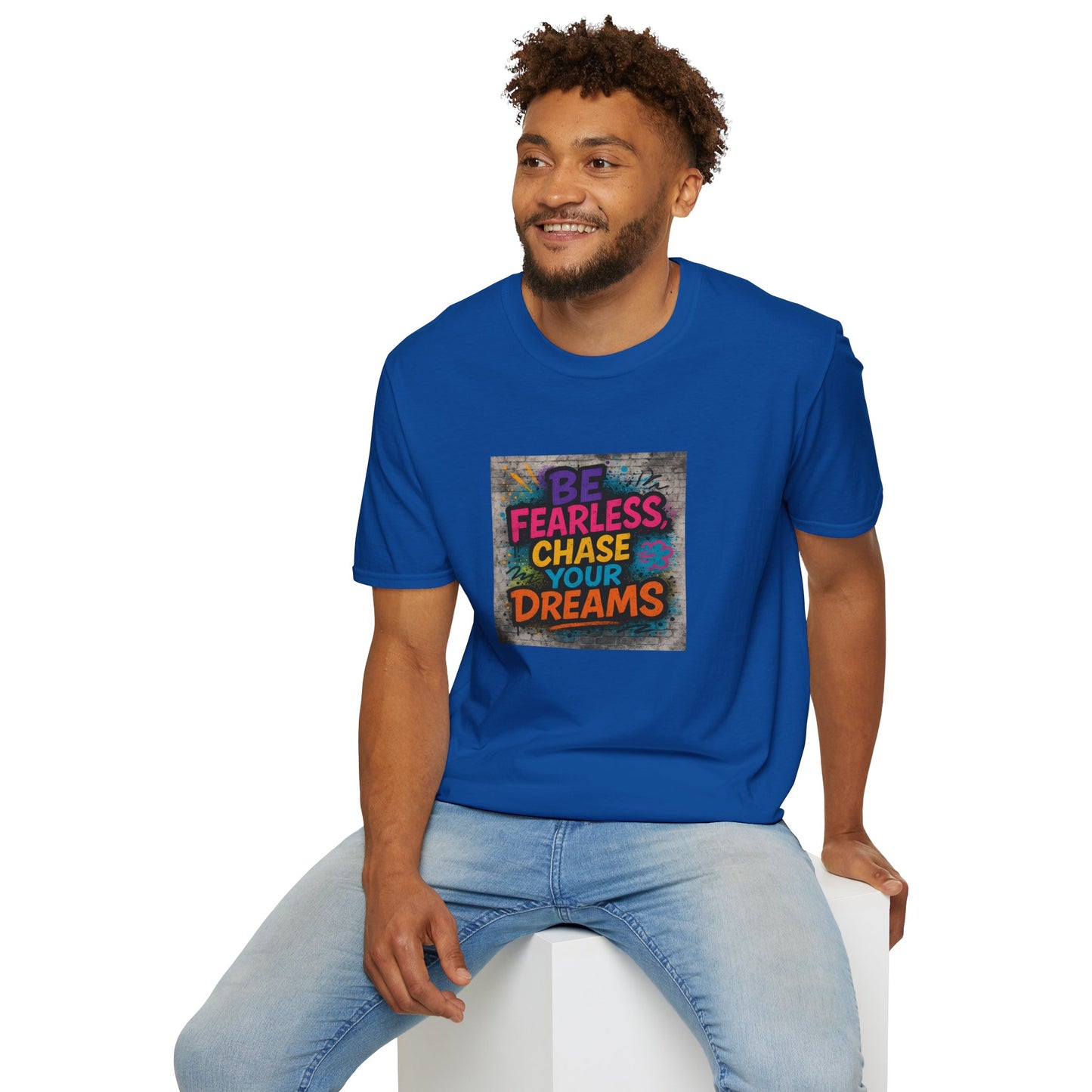 Man wearing a blue t-shirt with motivational text on a white background