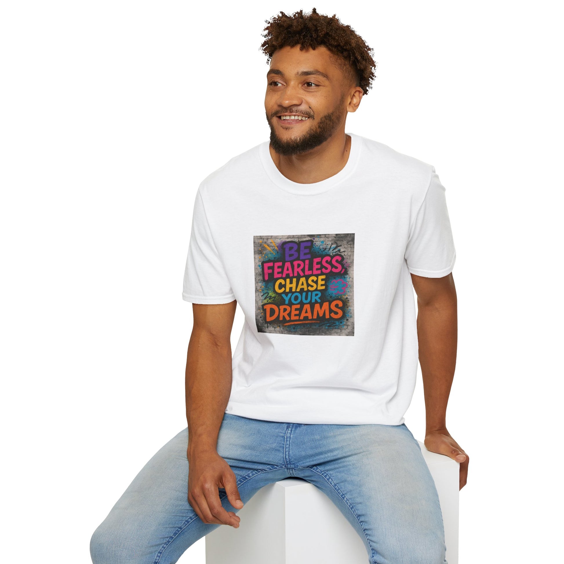 Man wearing a white t-shirt with colorful text design on a white background