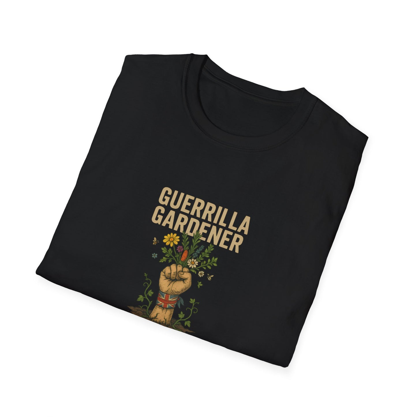 Black t-shirt with 'Guerrilla Gardener' text and graphic on a white background