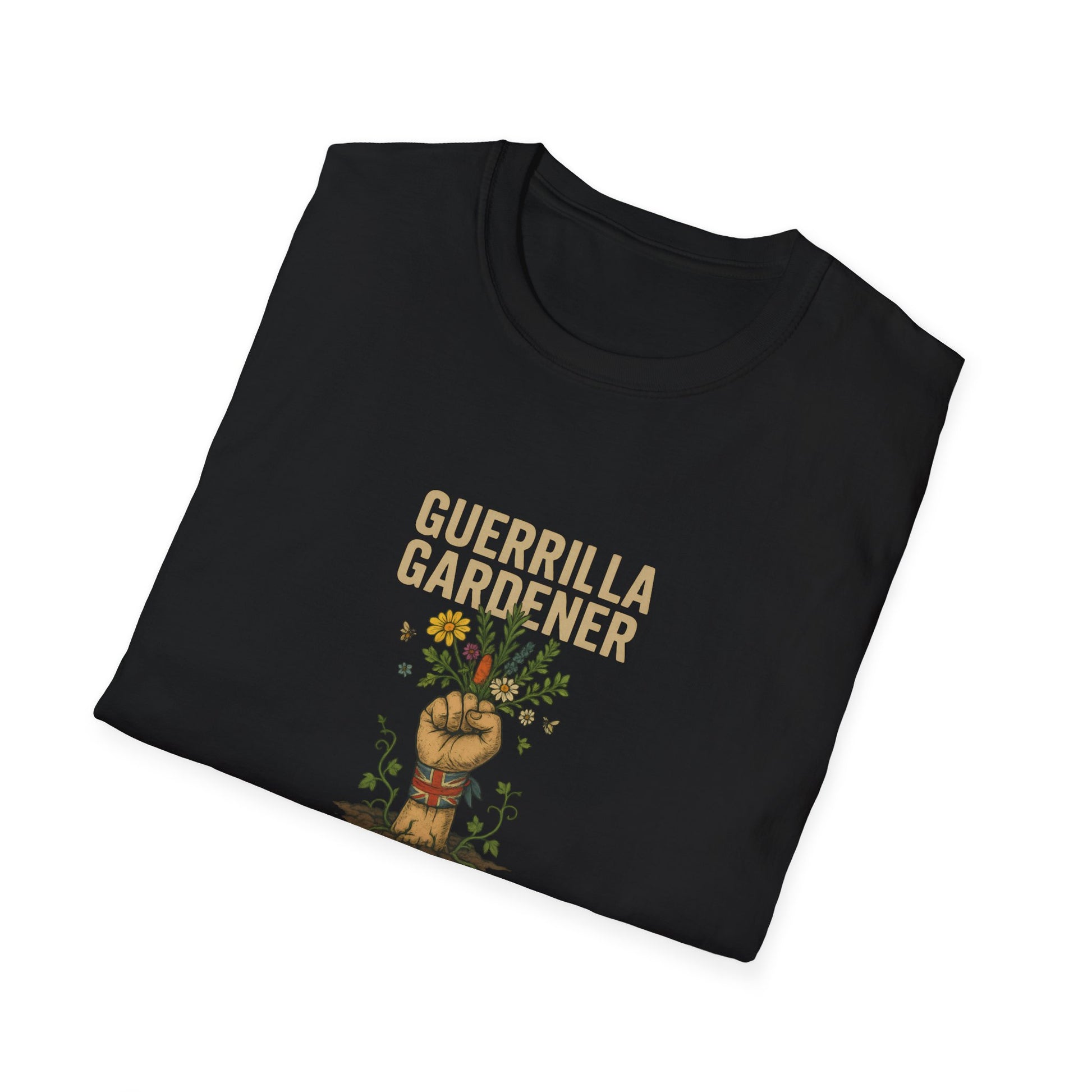 Black t-shirt with 'Guerrilla Gardener' text and graphic on a white background