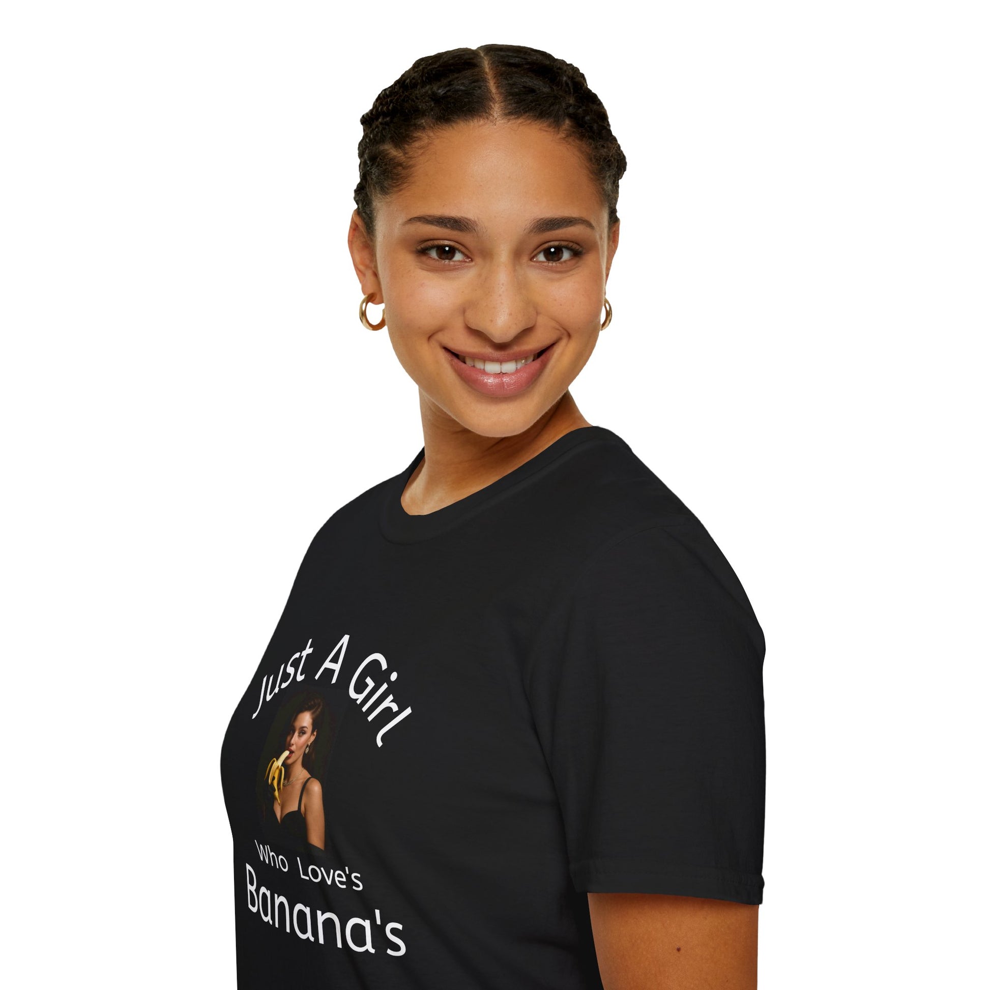 Person wearing a black t-shirt with text and a graphic on a white background