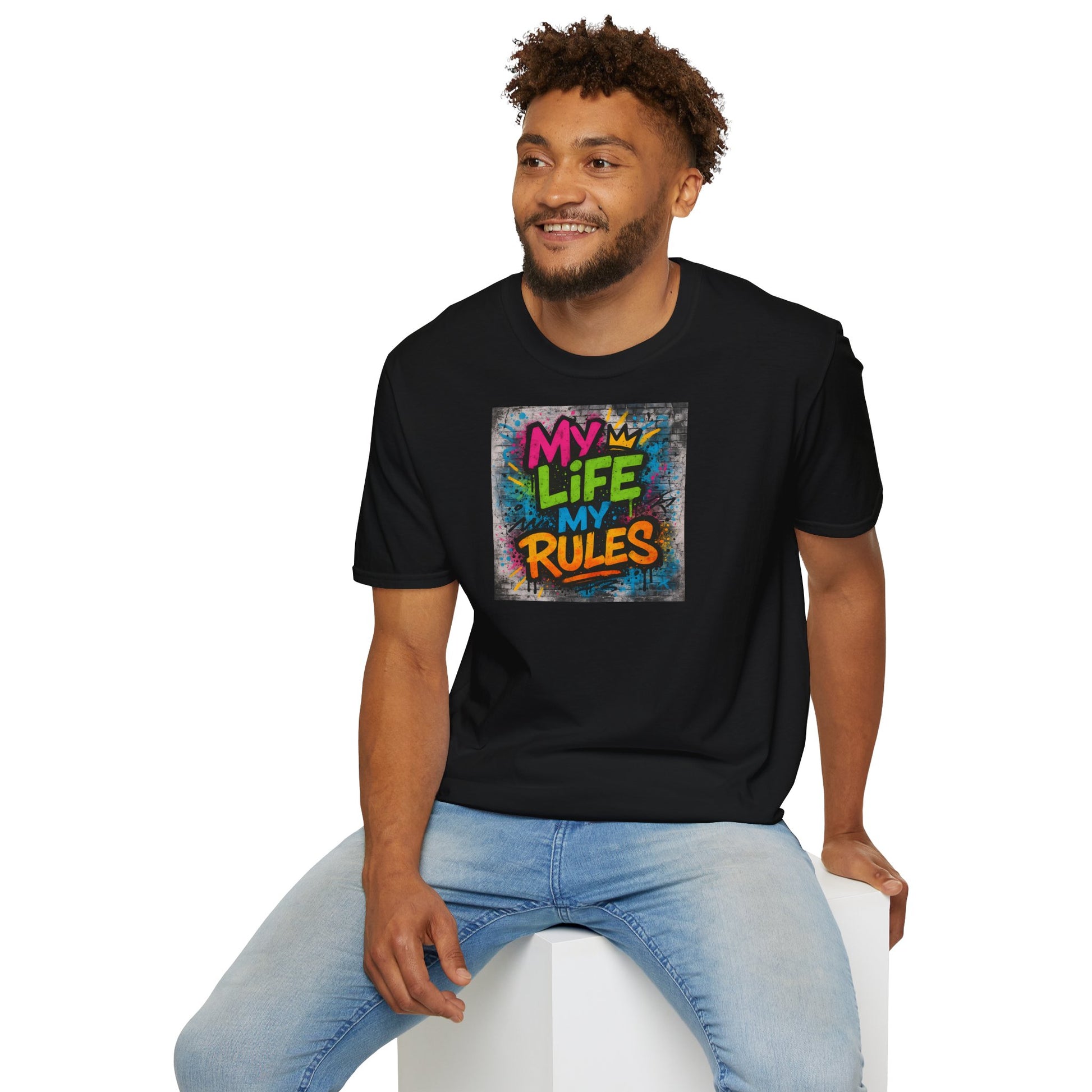 "Graffiti-style MY LIFE MY RULES t-shirt with vivid neon spray paint design on textured background"