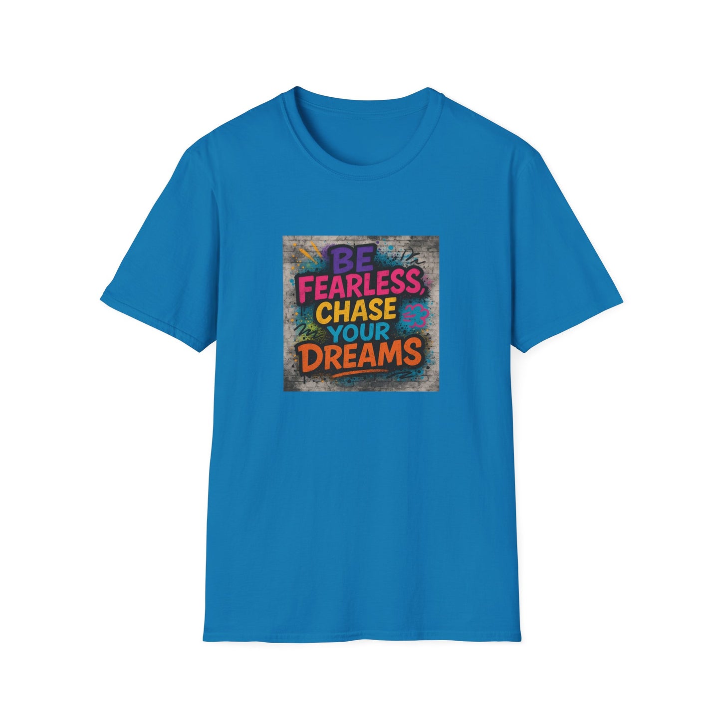 Blue t-shirt with motivational quote on a white background
