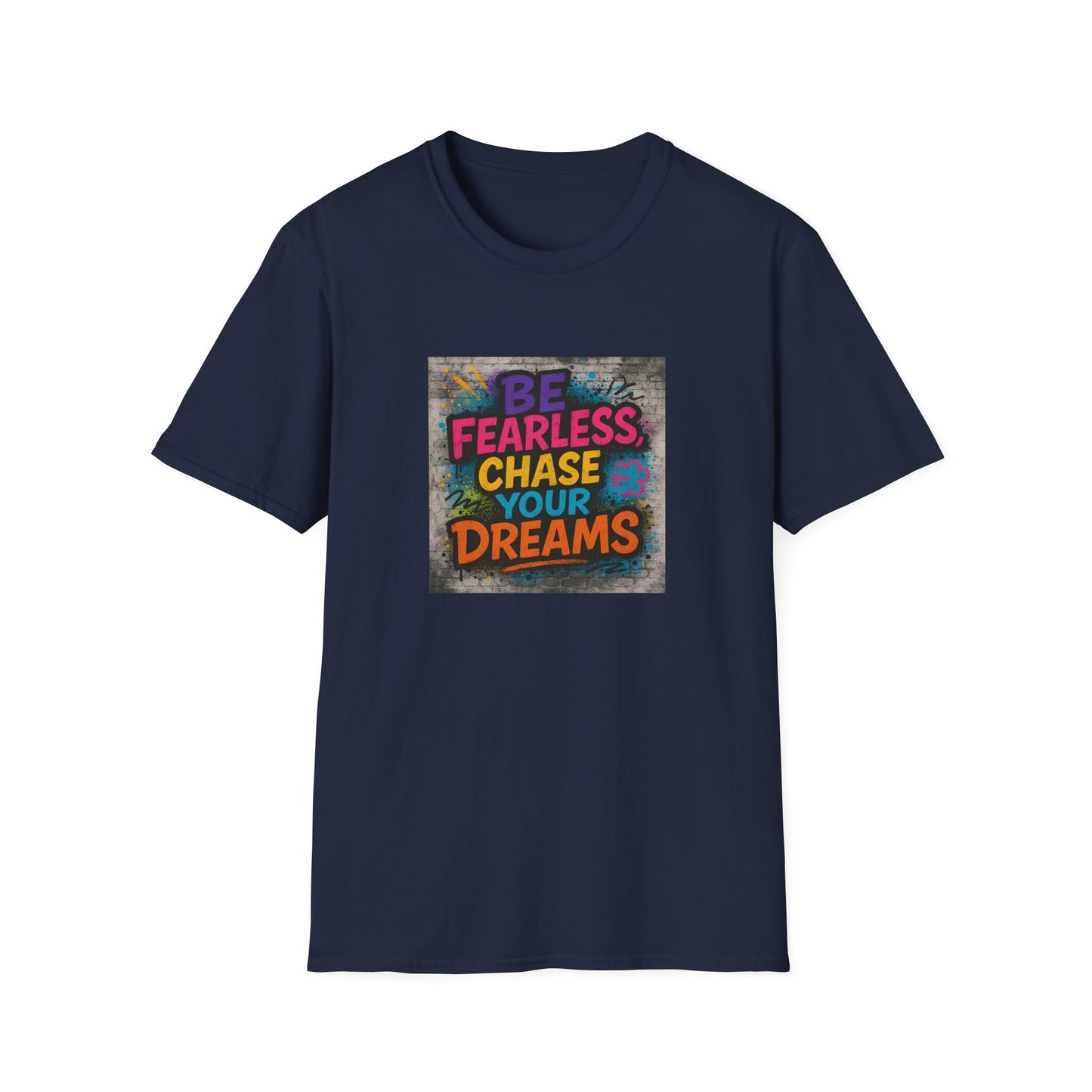 Navy blue t-shirt with colorful text design on a white background