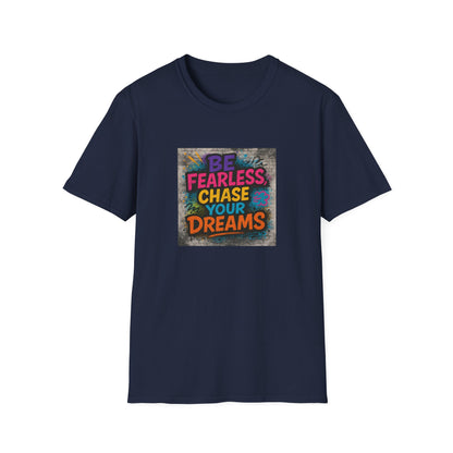 Navy blue t-shirt with colorful text design on a white background