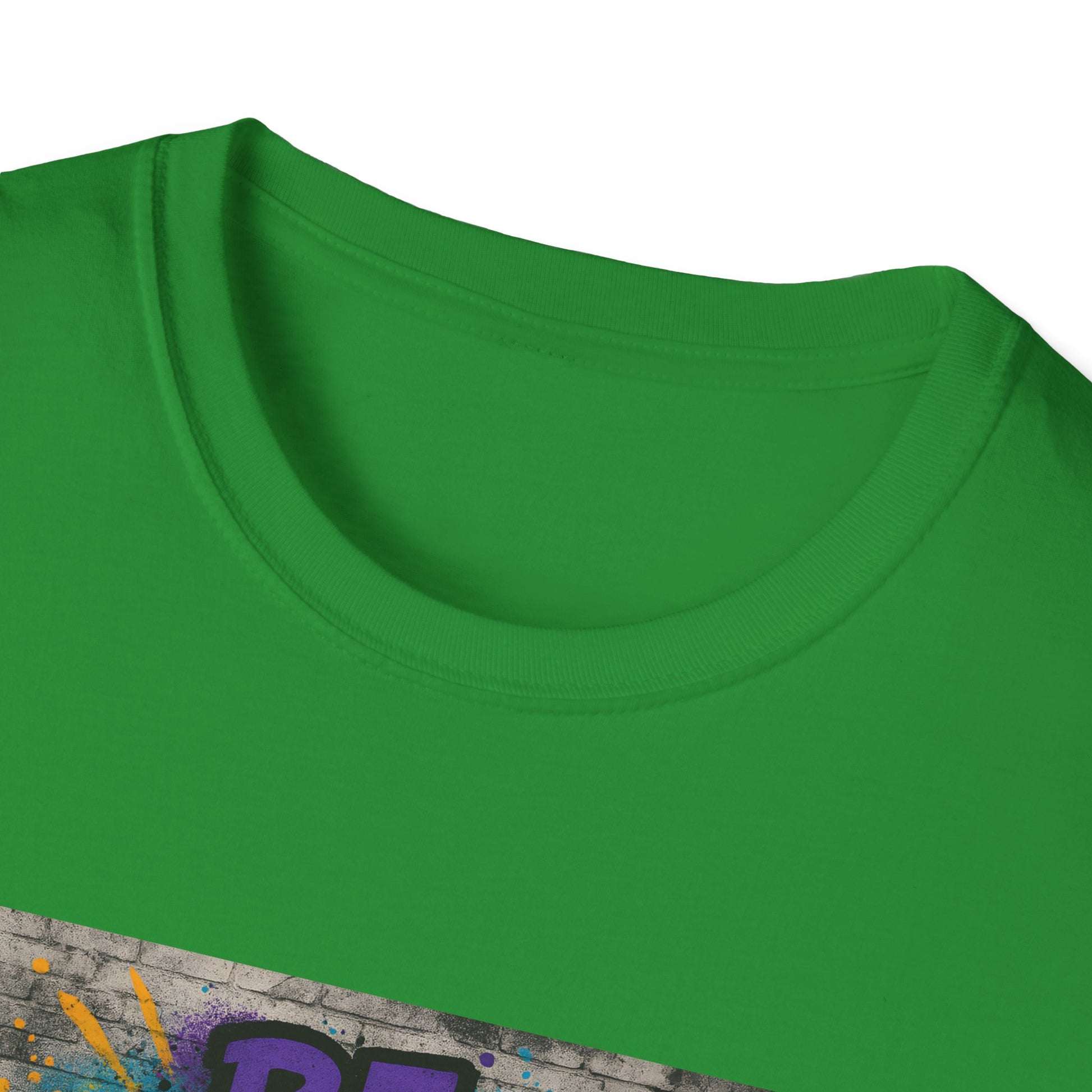 Close-up of a green t-shirt with a colorful graphic design on a white background