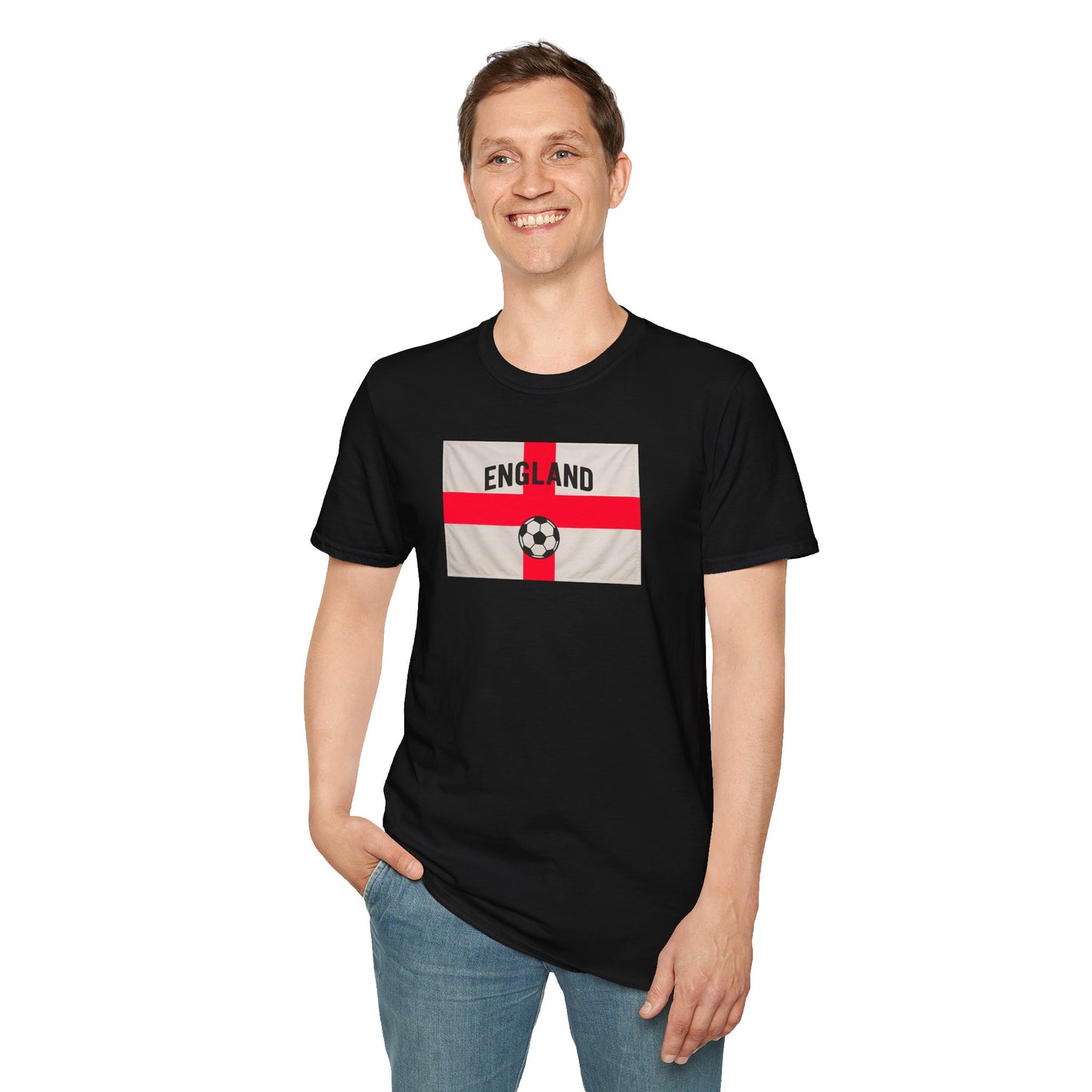 Person wearing a black t-shirt with an England flag design on a white background