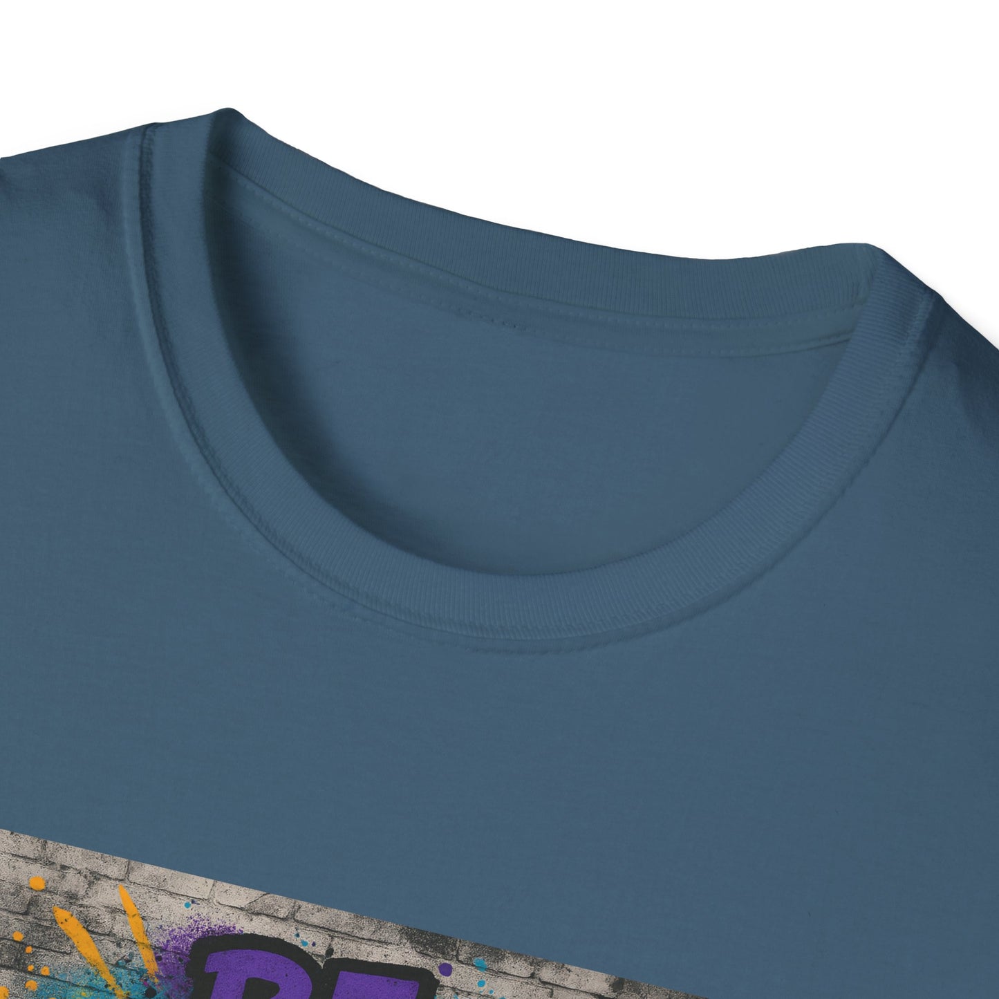 Close-up of a blue t-shirt with a colorful graphic design on a white background