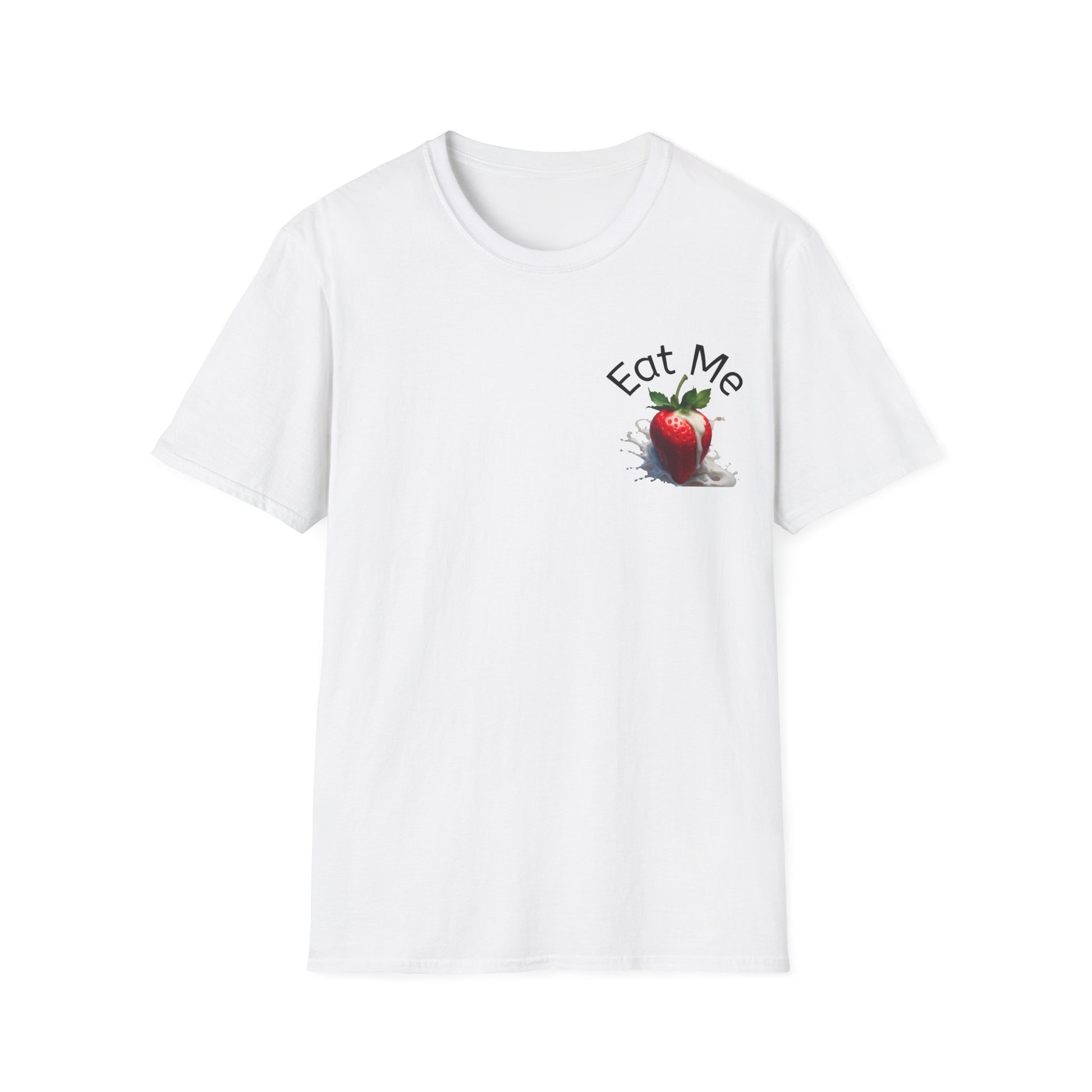 White t-shirt with a strawberry graphic and 'Eat Me' text on a white background