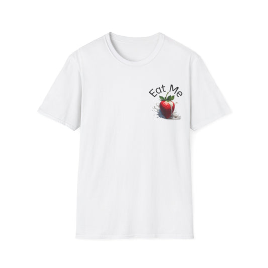 White t-shirt with a strawberry graphic and 'Eat Me' text on a white background