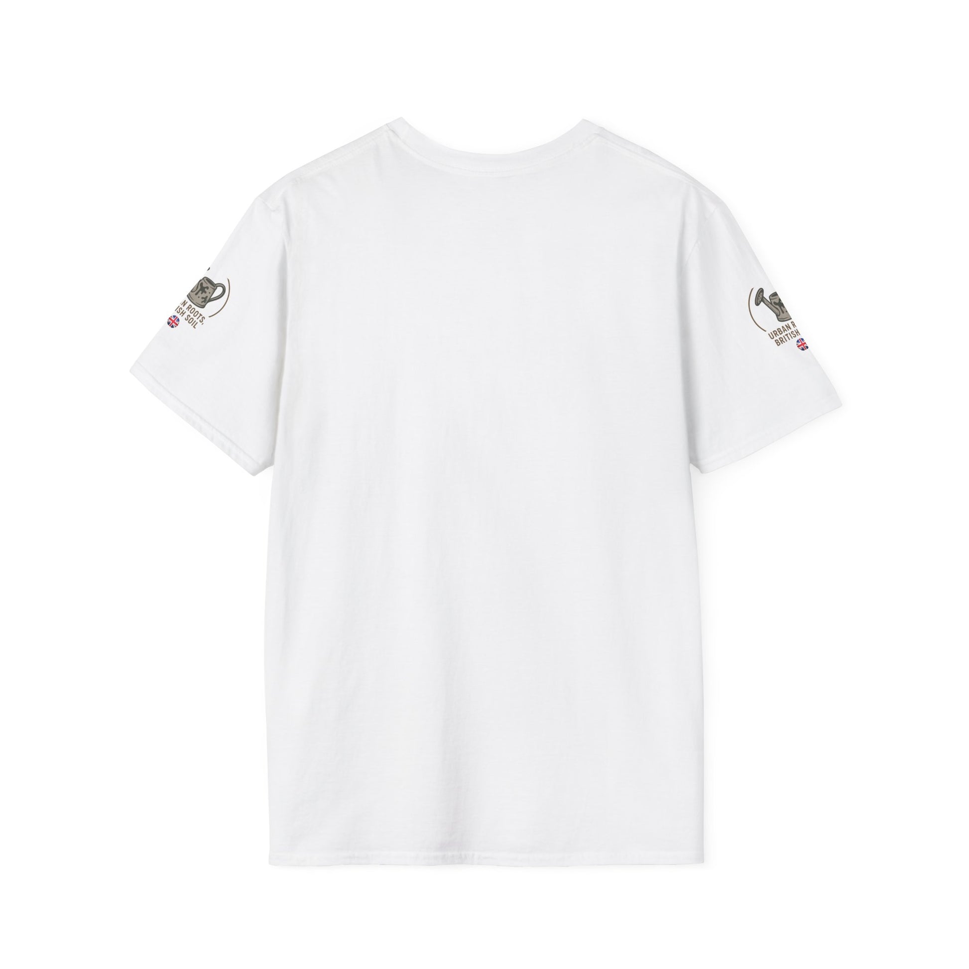 White t-shirt with small logos on sleeves against a white background