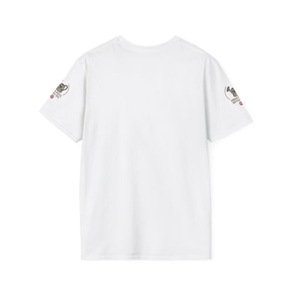 White t-shirt with small logos on sleeves against a white background
